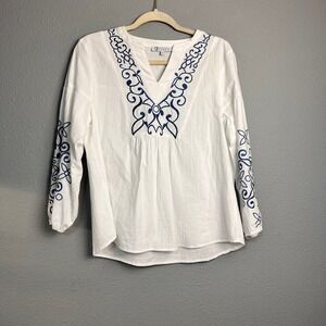 Collection by Cezele Sm White Blue Embroidered Cotton Peasant Blouse Lightweight